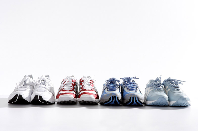 Coloured shoes in a line